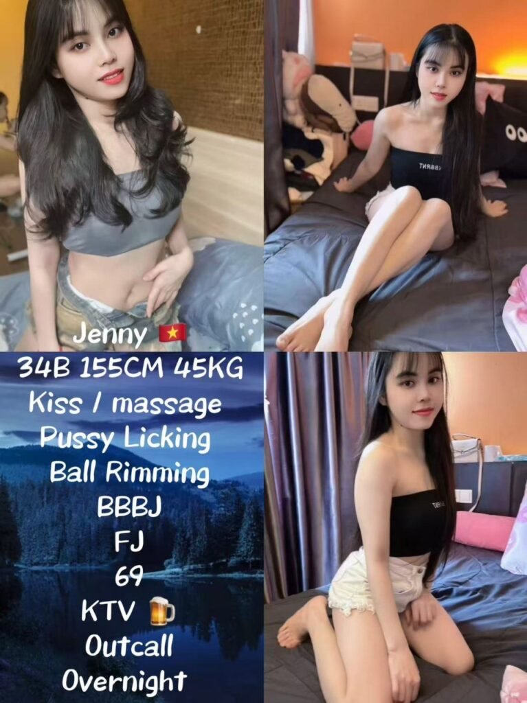 Collage of a young woman posing on a bed in different outfits, with white text overlays listing services in a forest-themed background on the left panel.